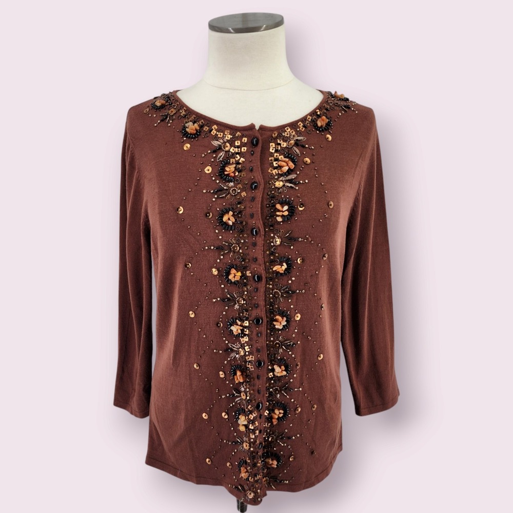 Coldwater Creek Beaded Cardigan Sweater Size Medium Boho Church Layering Brown